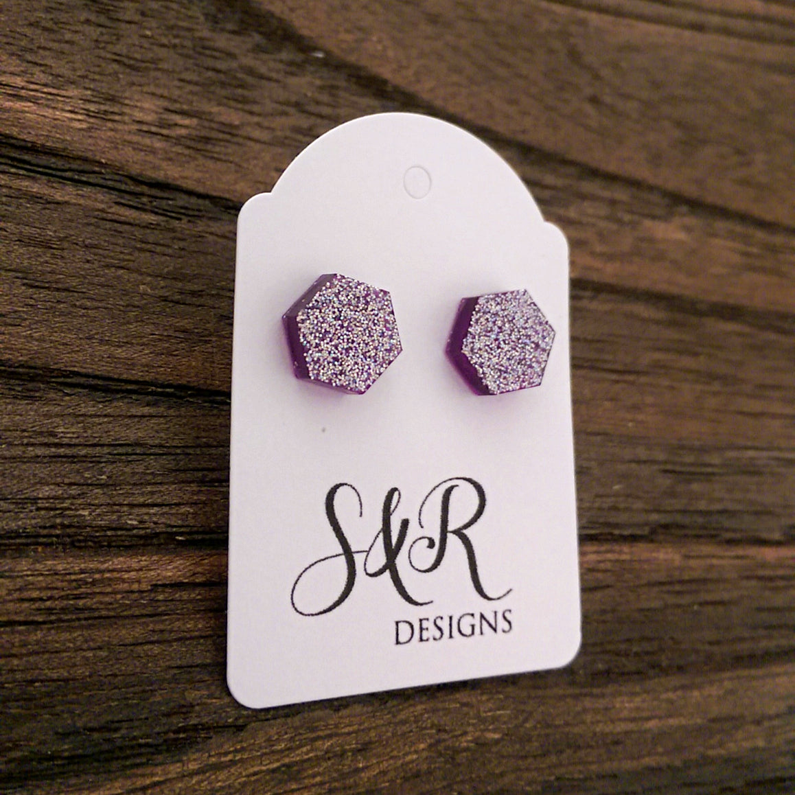 Hexagon Resin Stud Earrings, Purple Sparkly Earrings. Stainless Steel Stud Earrings. 10mm - Silver and Resin Designs
