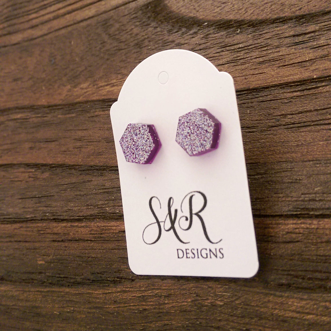 Hexagon Resin Stud Earrings, Purple Sparkly Earrings. Stainless Steel Stud Earrings. 10mm - Silver and Resin Designs
