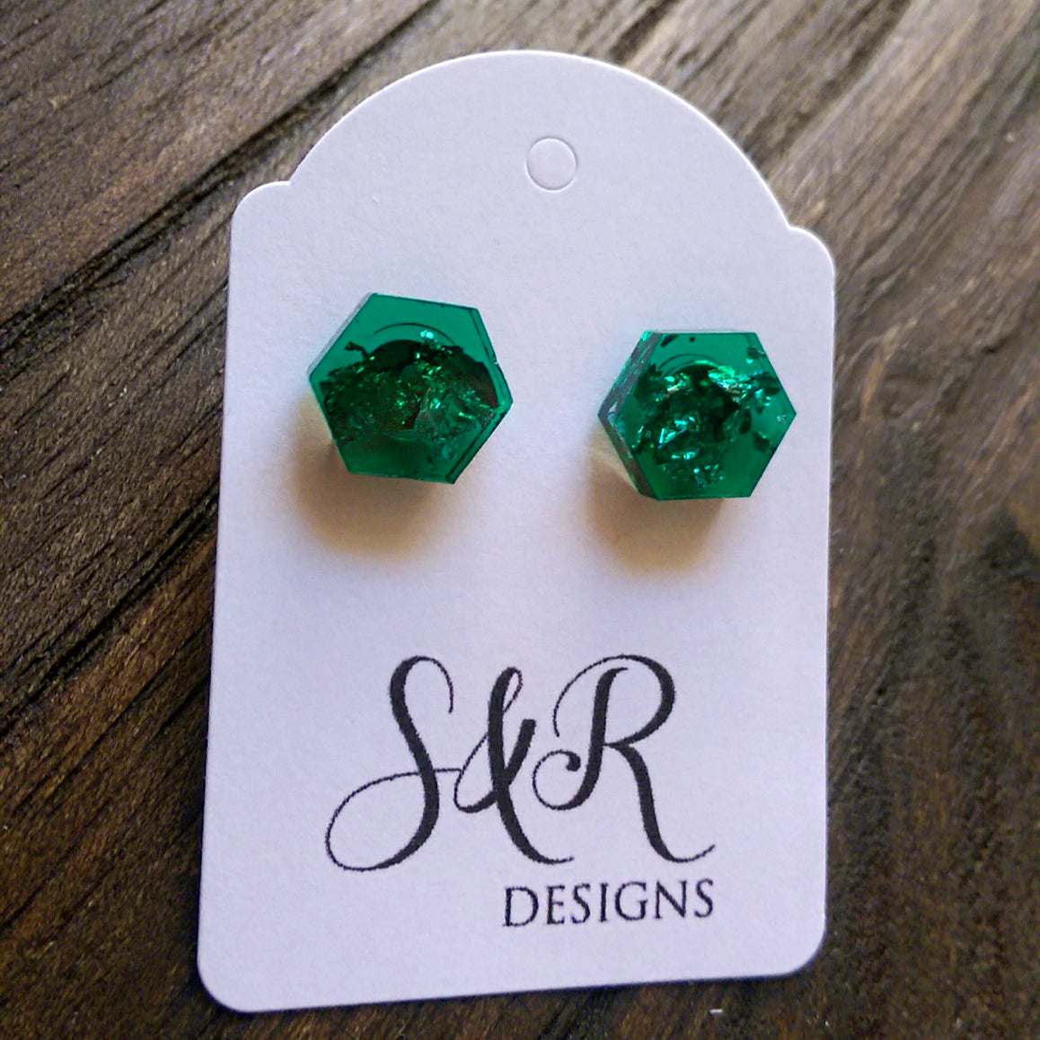 Hexagon Resin Stud Earrings, Emerald Green Silver Leaf Earrings. Stainless Steel Stud Earrings. 10mm - Silver and Resin Designs