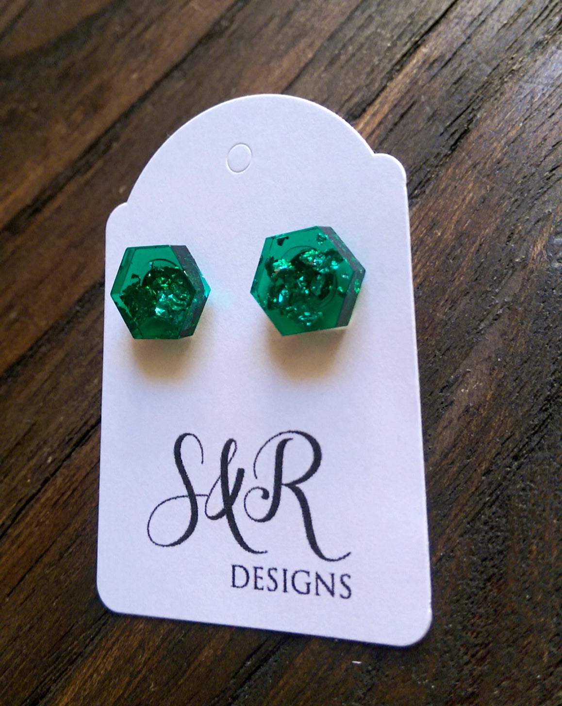 Hexagon Resin Stud Earrings, Emerald Green Silver Leaf Earrings. Stainless Steel Stud Earrings. 10mm - Silver and Resin Designs