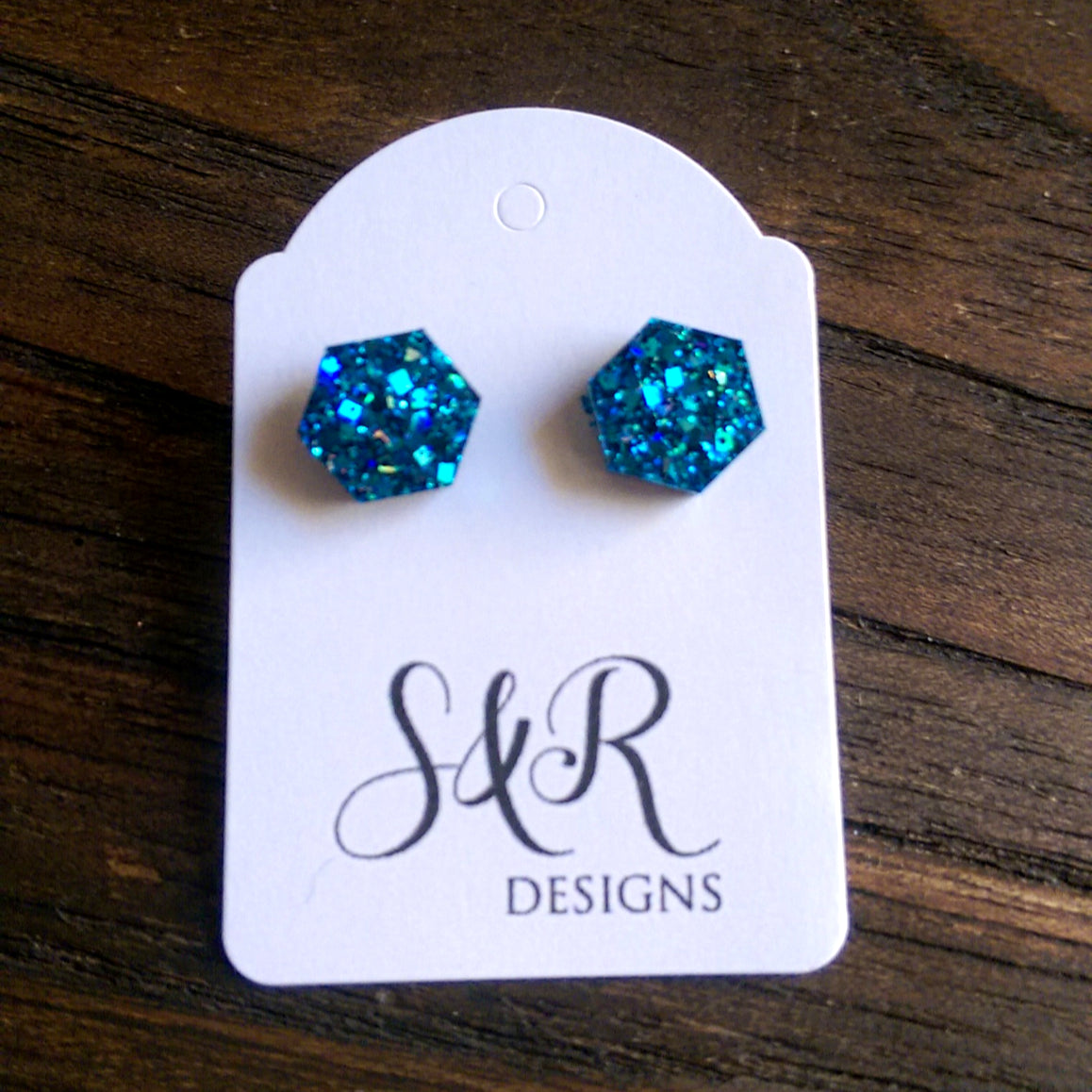 Hexagon Resin Stud Earrings, Blue Sparkle Earrings. Stainless Steel Stud Earrings. 10mm - Silver and Resin Designs