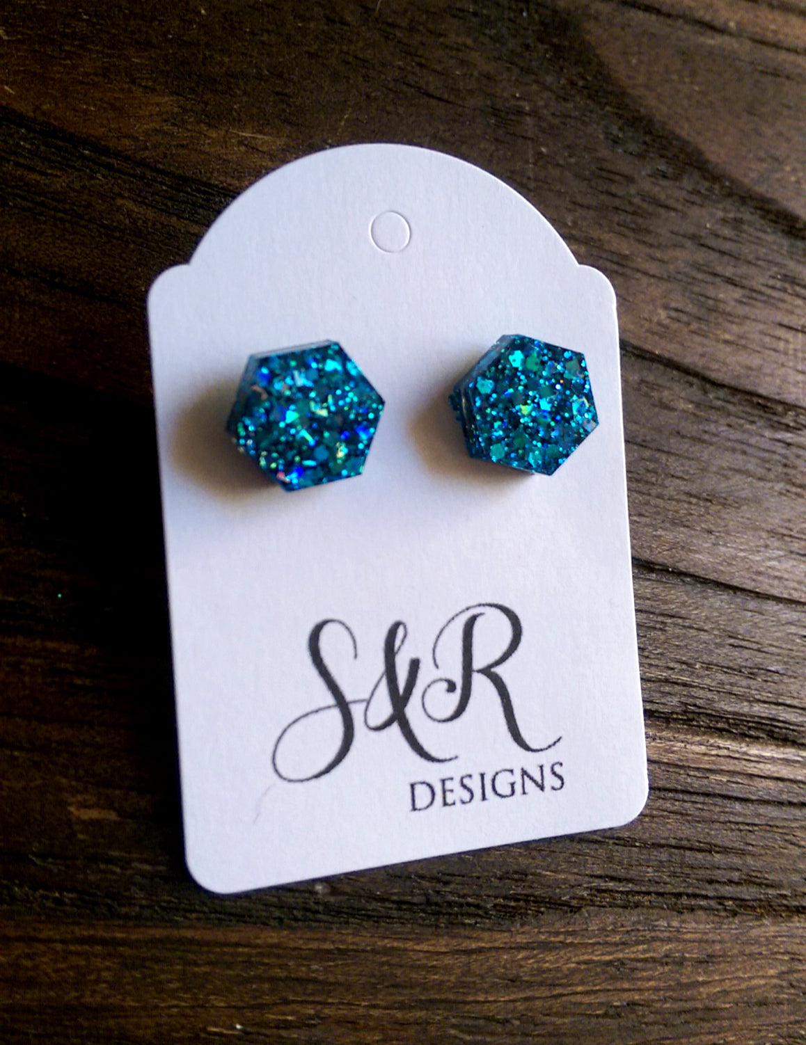 Hexagon Resin Stud Earrings, Blue Sparkle Earrings. Stainless Steel Stud Earrings. 10mm - Silver and Resin Designs