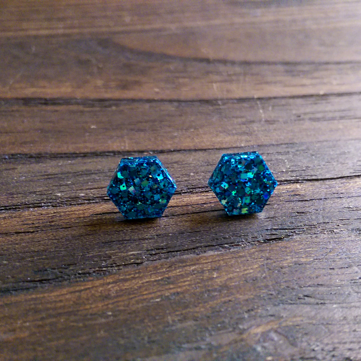 Hexagon Resin Stud Earrings, Blue Sparkle Earrings. Stainless Steel Stud Earrings. 10mm - Silver and Resin Designs