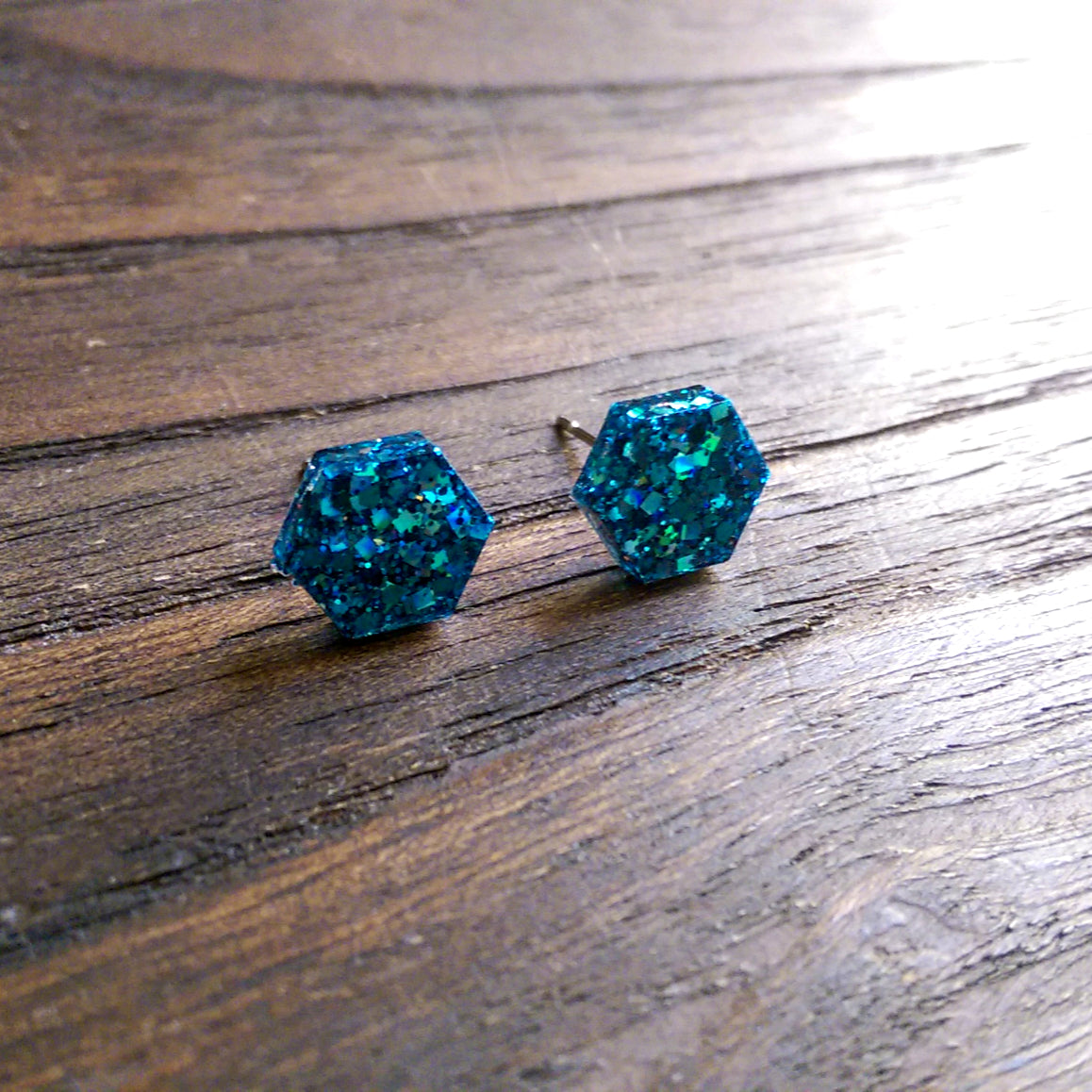 Hexagon Resin Stud Earrings, Blue Sparkle Earrings. Stainless Steel Stud Earrings. 10mm - Silver and Resin Designs