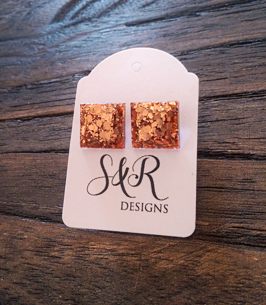 Square Resin Stud Earrings, Rose Gold Copper Glitter Earrings, Stainless Steel - Silver and Resin Designs