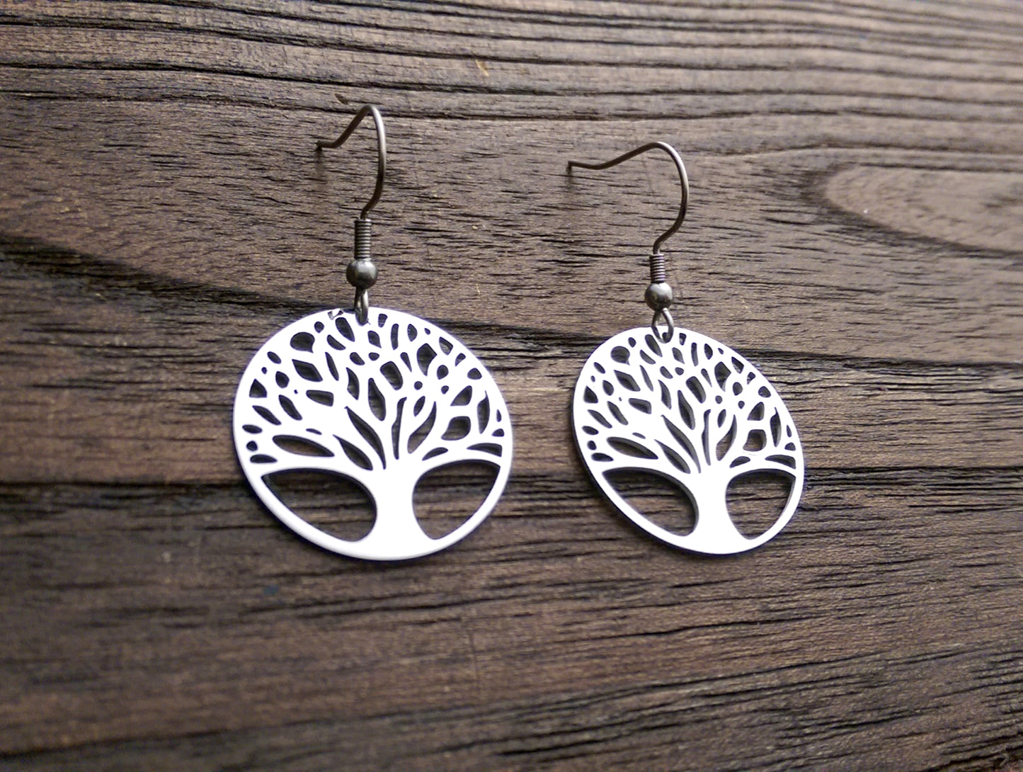 Stainless Steel Tree of Life Dangle Hook Earrings. - Silver and Resin Designs