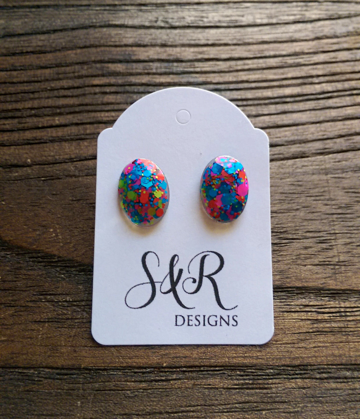 Oval Gem Resin Stud Earrings, Neon Glitter Stainless Steel Stud Earrings. - Silver and Resin Designs