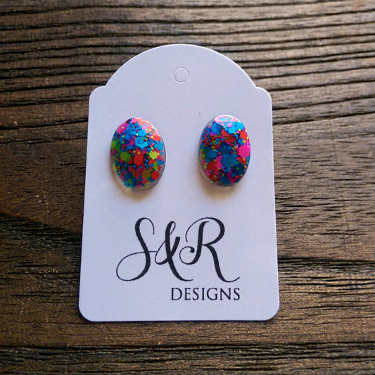 Oval Gem Resin Stud Earrings, Neon Glitter Stainless Steel Stud Earrings. - Silver and Resin Designs