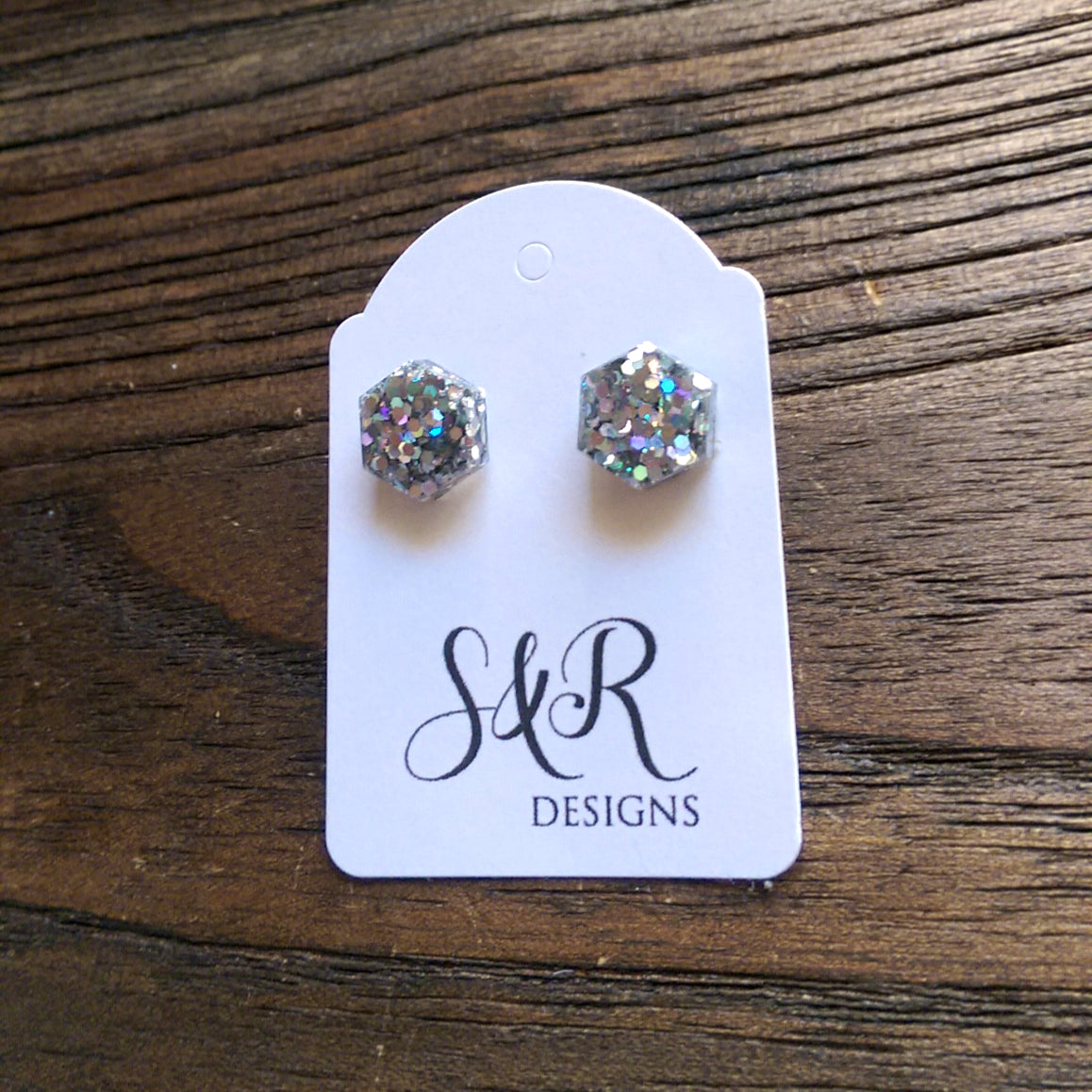 Hexagon Resin Stud Earrings, Holographic Silver Glitter Earrings. Stainless Steel Stud Earrings. 10mm - Silver and Resin Designs