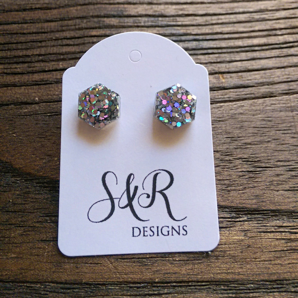 Hexagon Resin Stud Earrings, Holographic Silver Glitter Earrings. Stainless Steel Stud Earrings. 10mm - Silver and Resin Designs