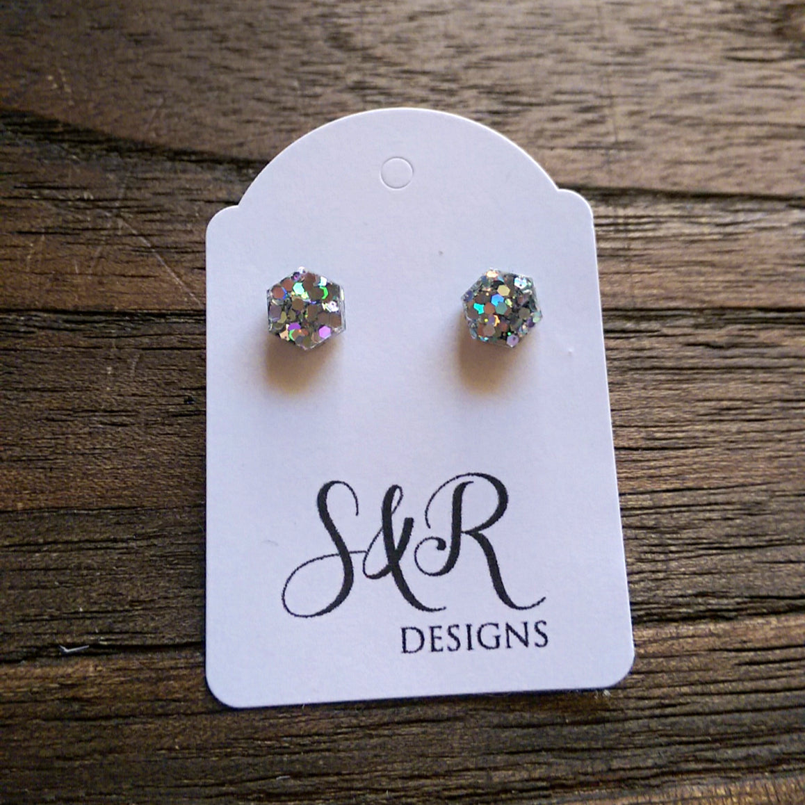 Hexagon Resin Stud Mini Earrings, Silver Holographic Glitter Earrings. Stainless Steel Stud Earrings. 6mm - Silver and Resin Designs