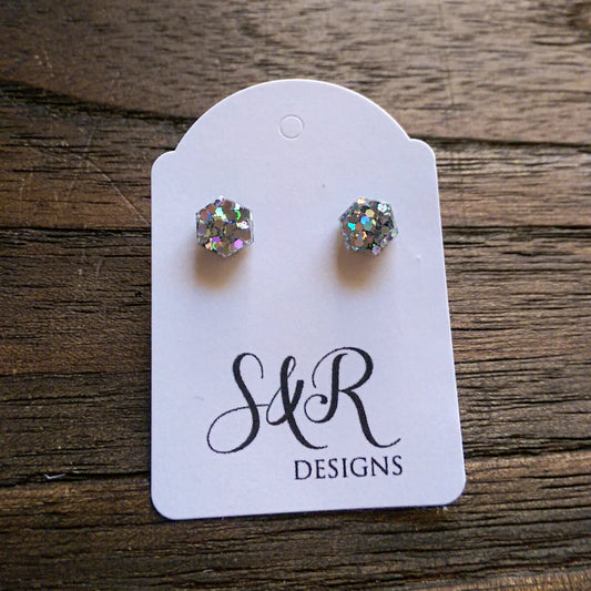 Hexagon Resin Stud Mini Earrings, Silver Holographic Glitter Earrings. Stainless Steel Stud Earrings. 6mm - Silver and Resin Designs
