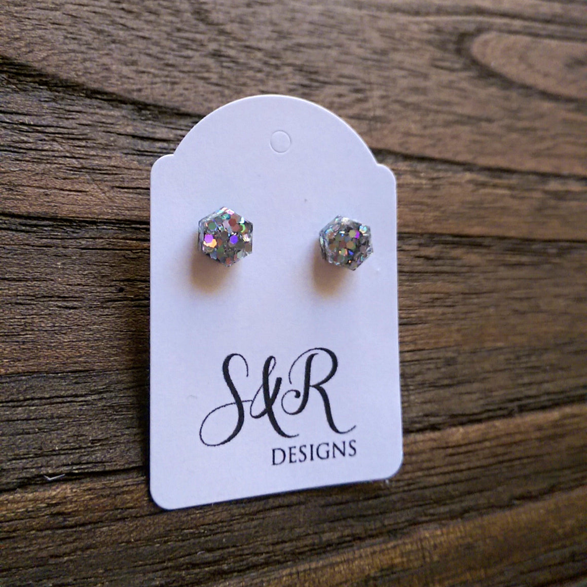 Hexagon Resin Stud Mini Earrings, Silver Holographic Glitter Earrings. Stainless Steel Stud Earrings. 6mm - Silver and Resin Designs