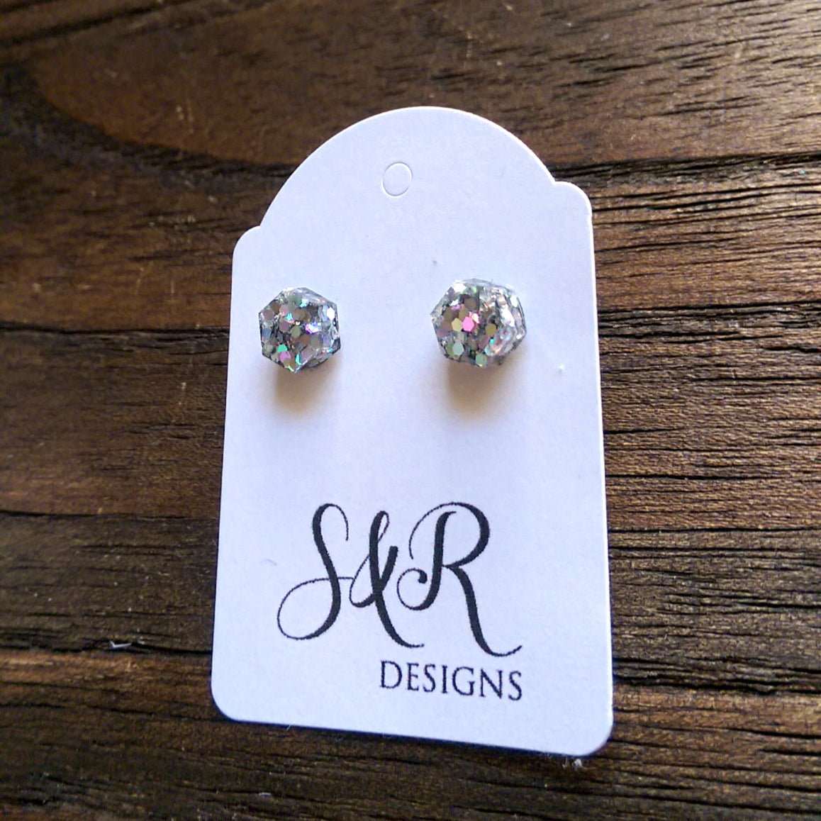 Hexagon Resin Stud Mini Earrings, Silver Holographic Glitter Earrings. Stainless Steel Stud Earrings. 6mm - Silver and Resin Designs