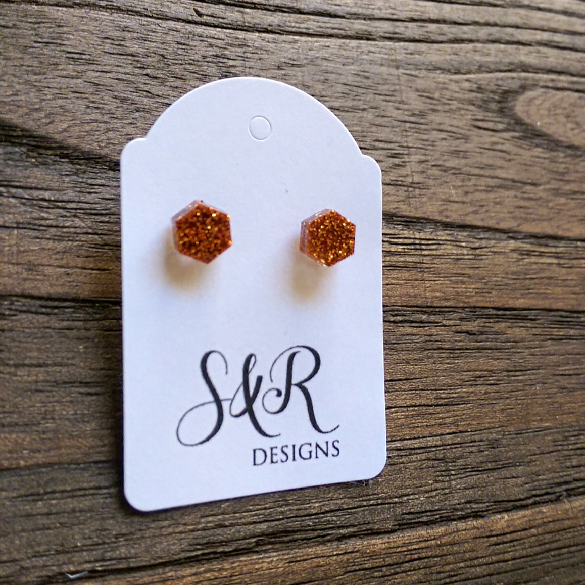 Hexagon Resin Stud Mini Earrings, Copper Glitter Earrings. Stainless Steel Stud Earrings. 6mm - Silver and Resin Designs