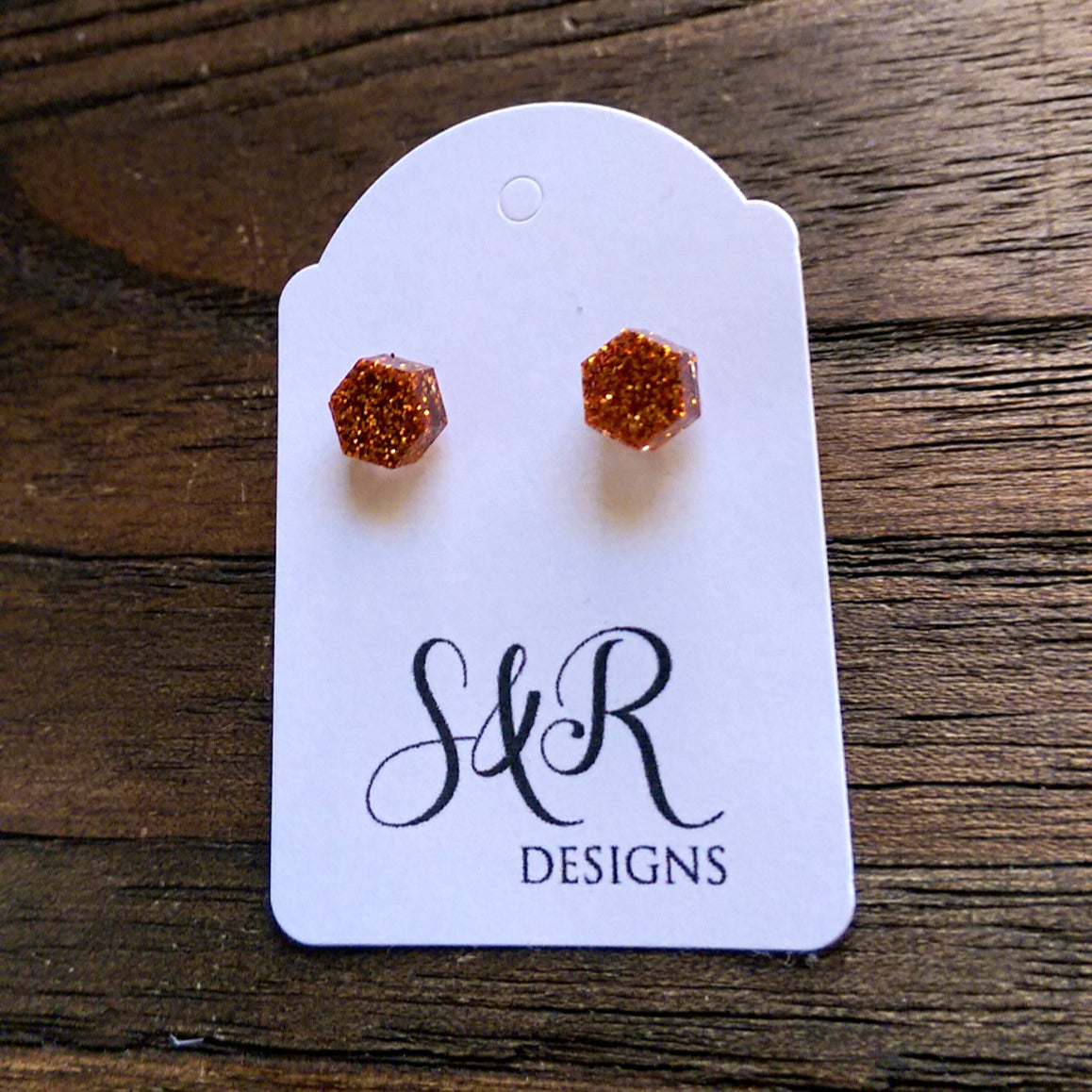 Hexagon Resin Stud Mini Earrings, Copper Glitter Earrings. Stainless Steel Stud Earrings. 6mm - Silver and Resin Designs
