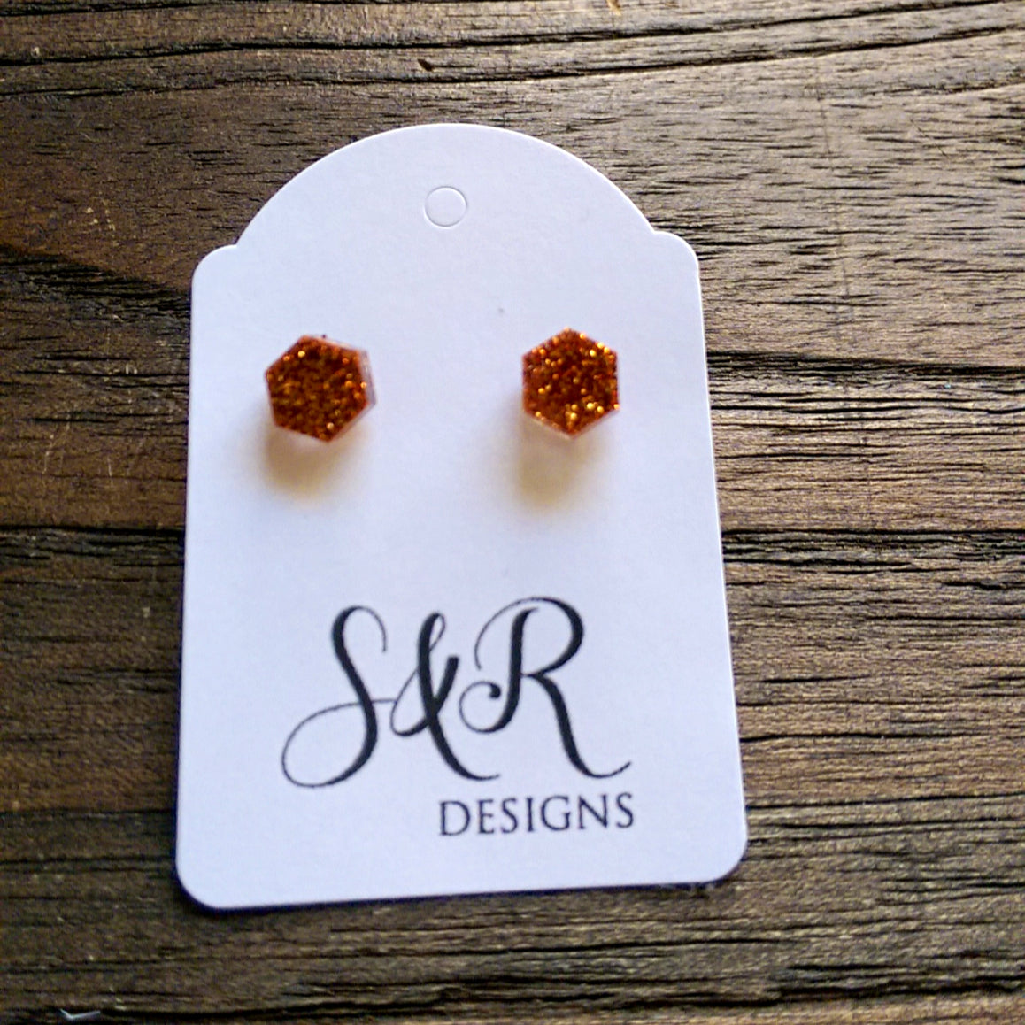 Hexagon Resin Stud Mini Earrings, Copper Glitter Earrings. Stainless Steel Stud Earrings. 6mm - Silver and Resin Designs