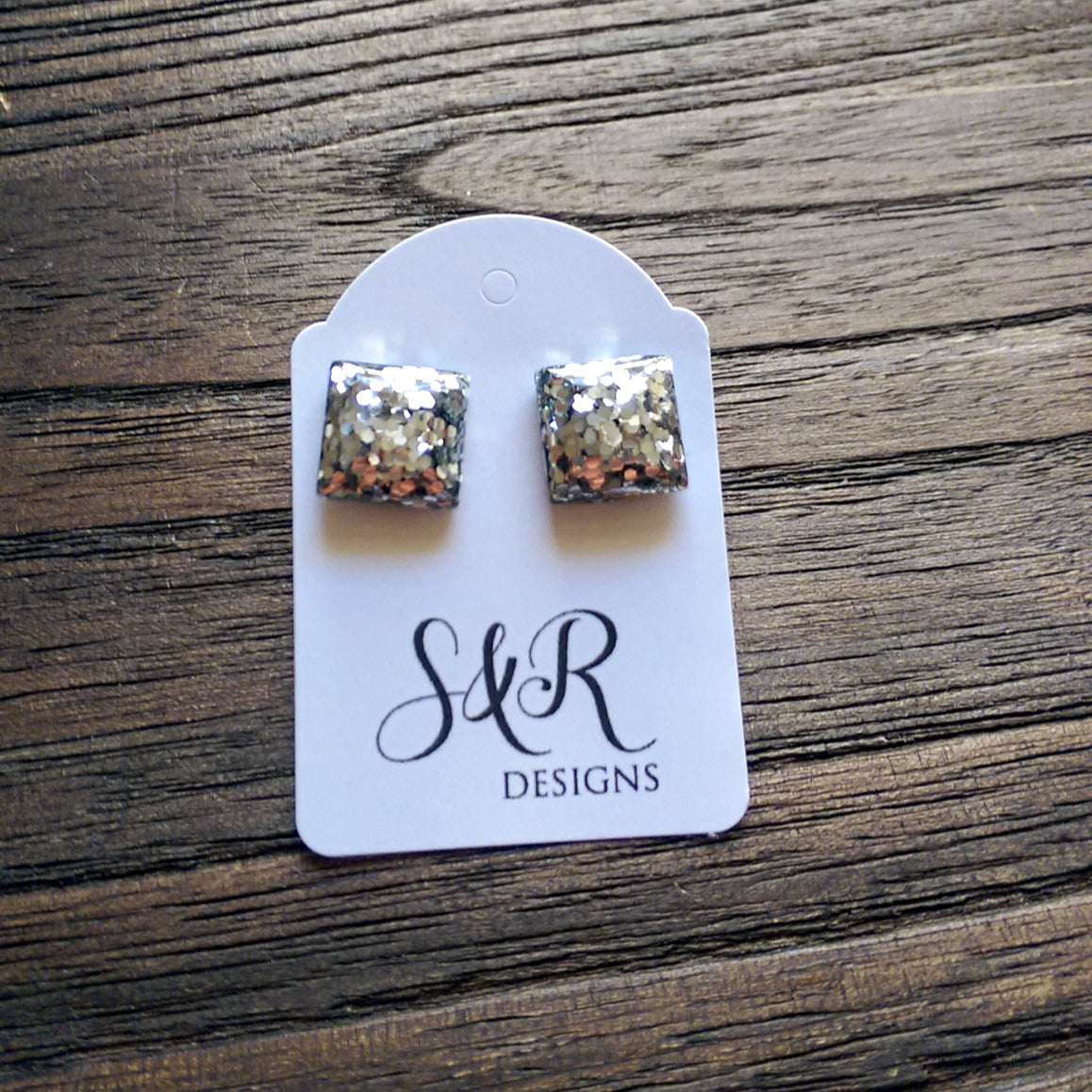 Silver Glitter Square Resin Stud Earrings, Stainless Steel Stud Earrings. 12mm - Silver and Resin Designs