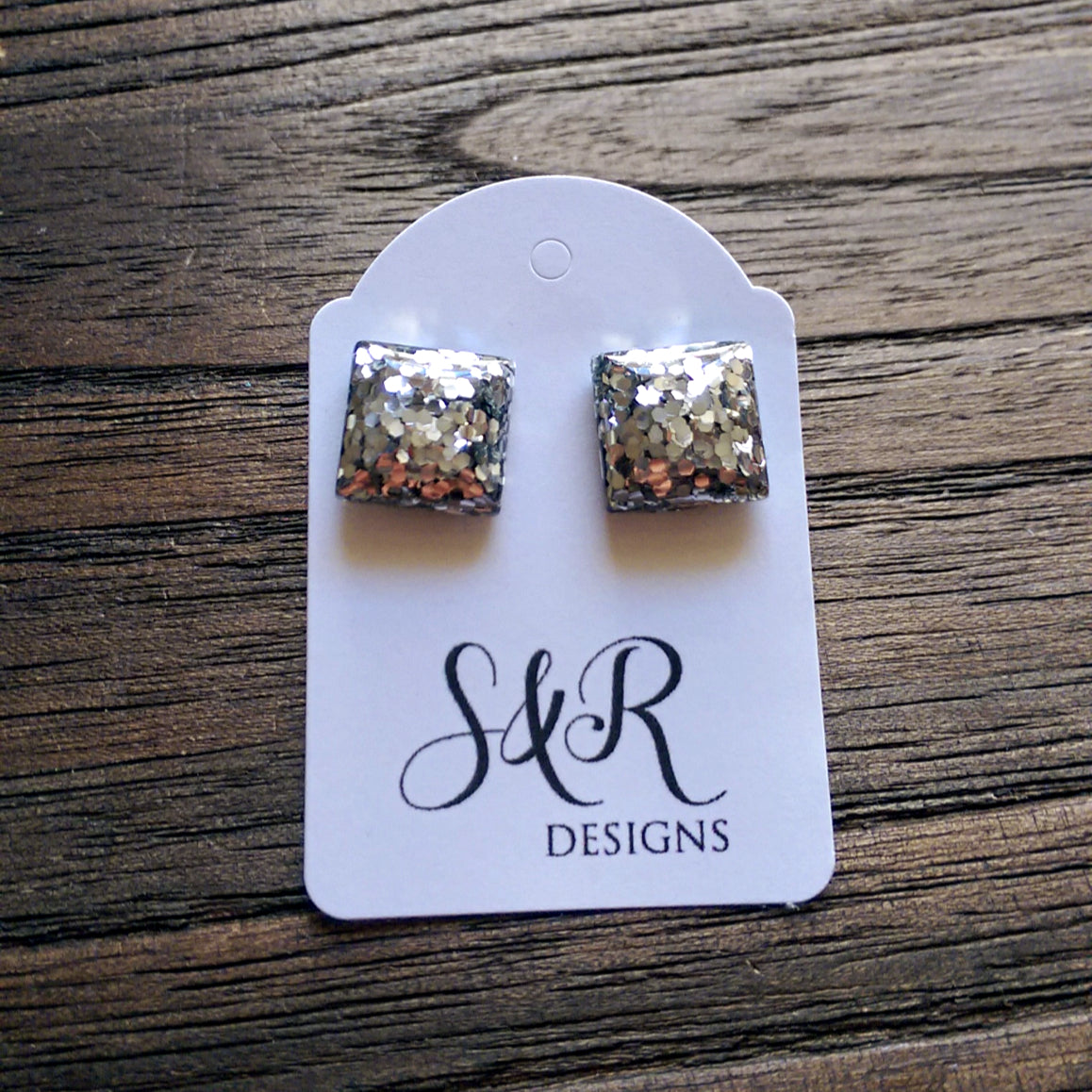 Silver Glitter Square Resin Stud Earrings, Stainless Steel Stud Earrings. 12mm - Silver and Resin Designs