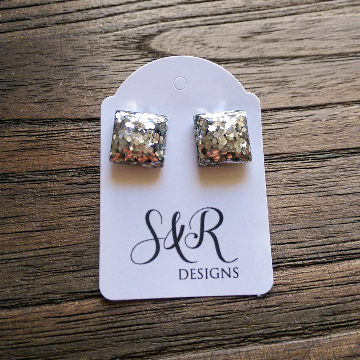 Silver Glitter Square Resin Stud Earrings, Stainless Steel Stud Earrings. 12mm - Silver and Resin Designs