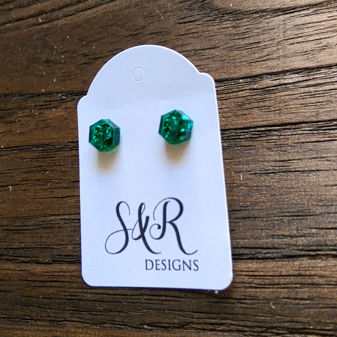 Hexagon Resin Stud Earrings, Green Emerald Silver Leaf Earrings 6mm Mini Earrings - Silver and Resin Designs
