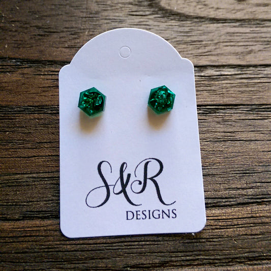 Hexagon Resin Stud Earrings, Green Emerald Silver Leaf Earrings 6mm Mini Earrings - Silver and Resin Designs