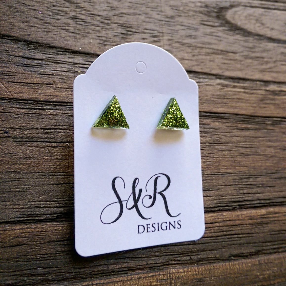 Triangle Resin Stud Earrings, Green Glitter Earrings 10mm - Silver and Resin Designs