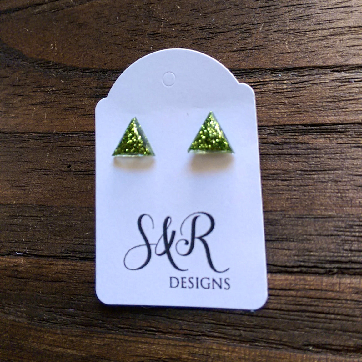 Triangle Resin Stud Earrings, Green Glitter Earrings 10mm - Silver and Resin Designs