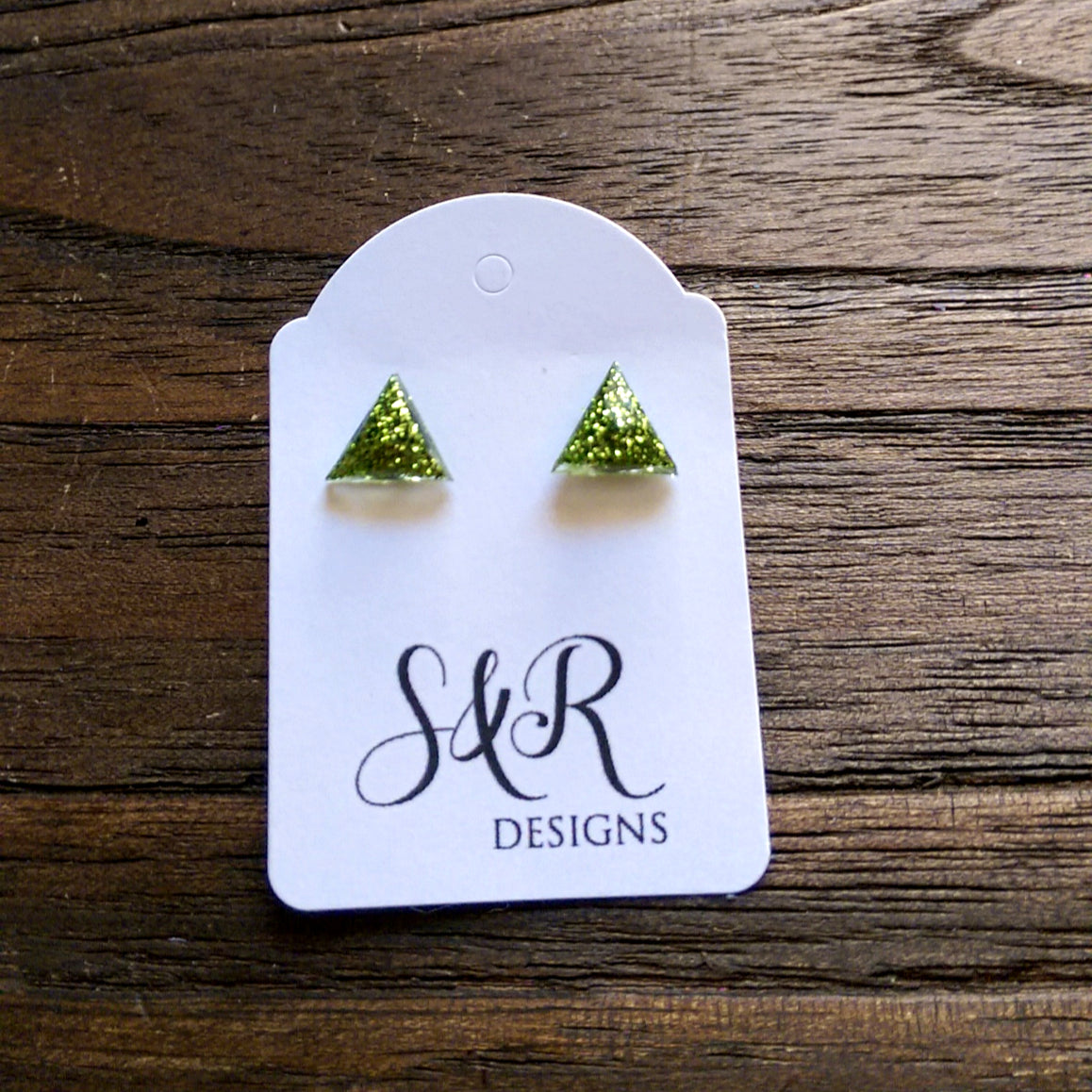 Triangle Resin Stud Earrings, Green Glitter Earrings 10mm - Silver and Resin Designs