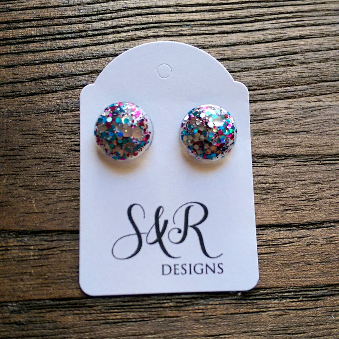Circle Resin Stud Earrings, Blue, Silver , Pink Glitter Earrings - Silver and Resin Designs