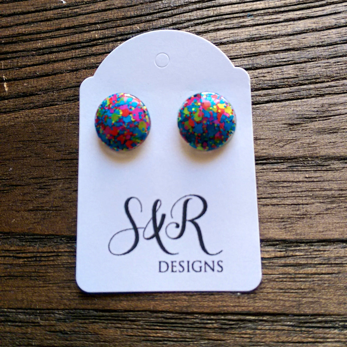 Circle Resin Stud Earrings, Neon Glitter Earrings - Silver and Resin Designs