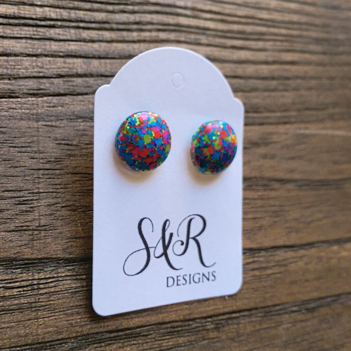 Circle Resin Stud Earrings, Neon Glitter Earrings - Silver and Resin Designs