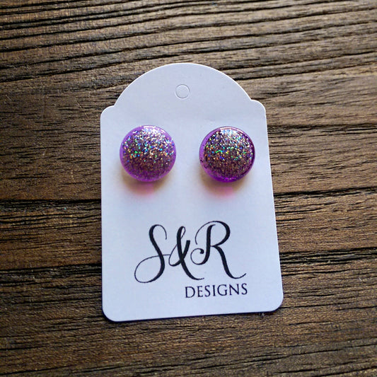 Circle Resin Stud Earrings, Purple Holographic Shimmer Glitter Earrings - Silver and Resin Designs