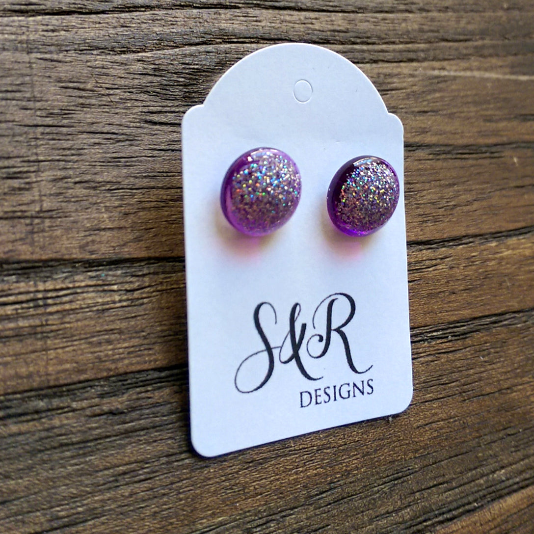 Circle Resin Stud Earrings, Purple Holographic Shimmer Glitter Earrings - Silver and Resin Designs