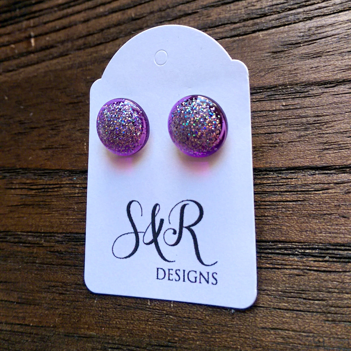 Circle Resin Stud Earrings, Purple Holographic Shimmer Glitter Earrings - Silver and Resin Designs