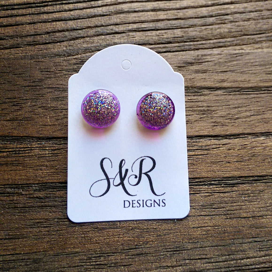 Circle Resin Stud Earrings, Purple Holographic Shimmer Glitter Earrings - Silver and Resin Designs