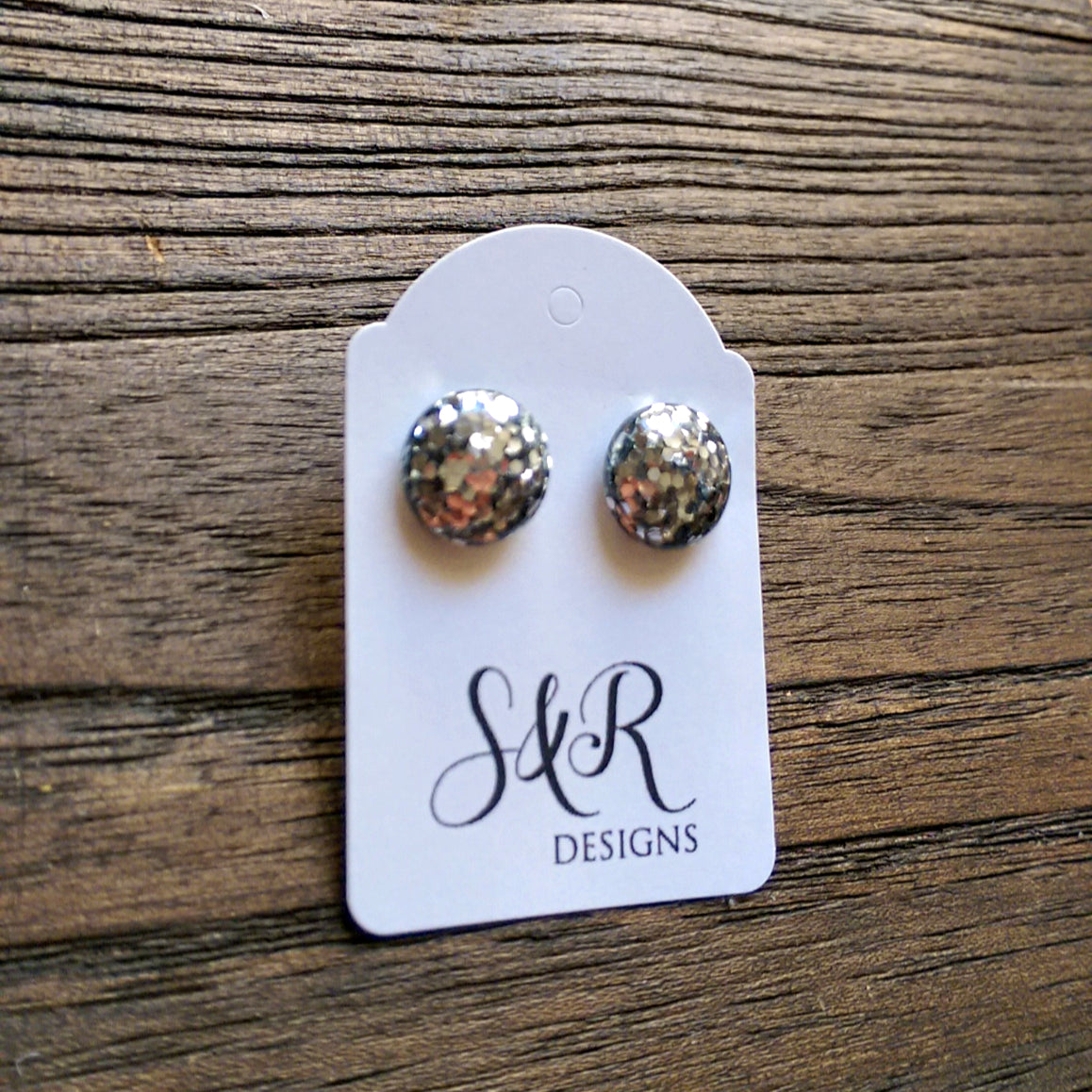 Circle Resin Stud Earrings, Silver Chunky Glitter Earrings - Silver and Resin Designs