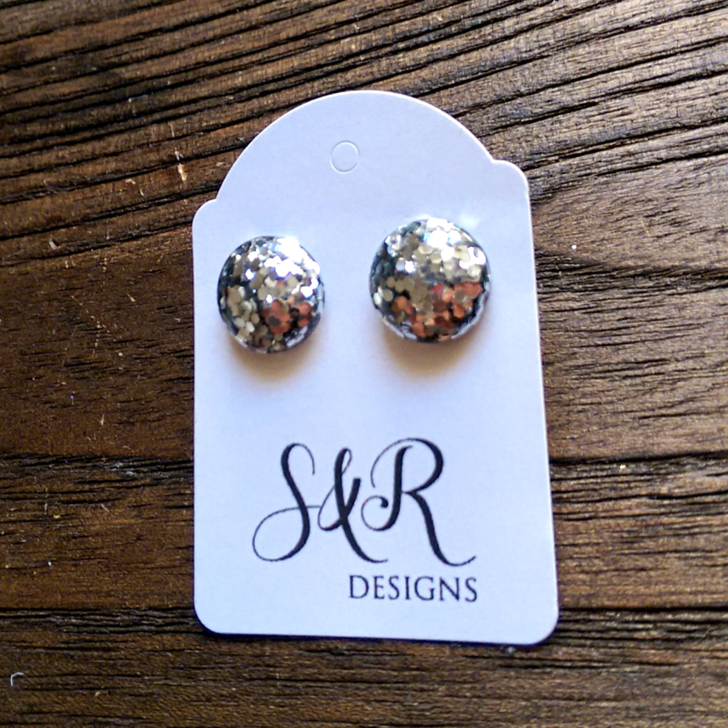 Circle Resin Stud Earrings, Silver Chunky Glitter Earrings - Silver and Resin Designs