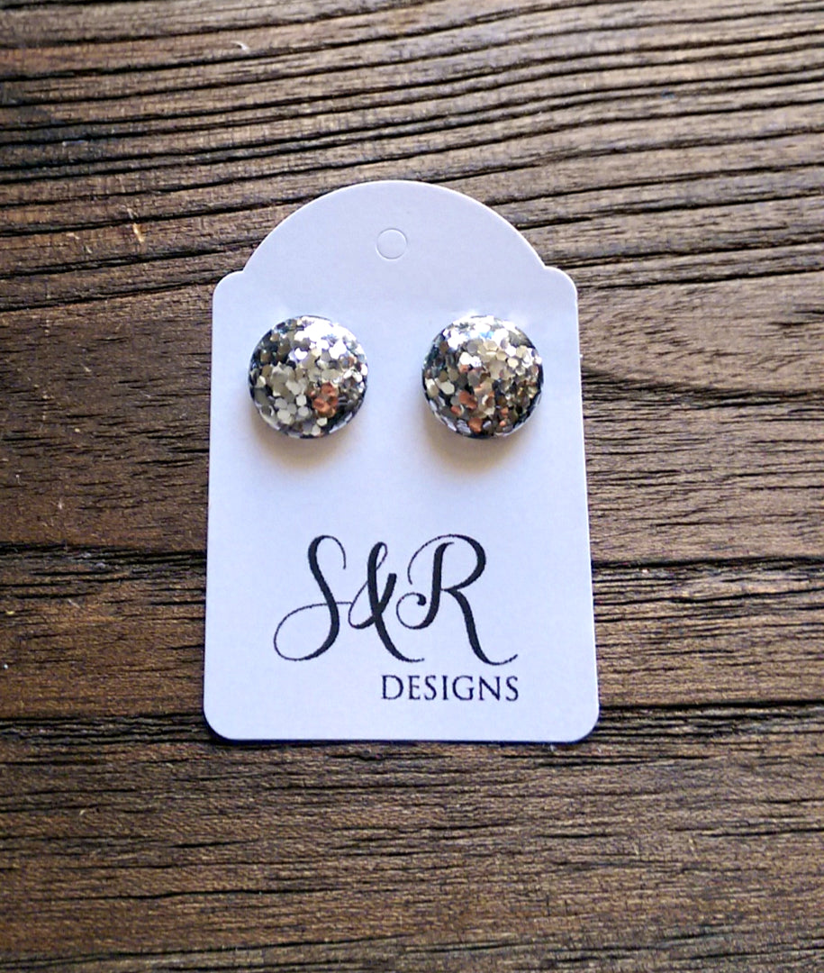 Circle Resin Stud Earrings, Silver Chunky Glitter Earrings - Silver and Resin Designs