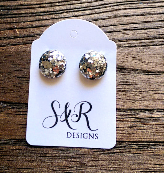 Circle Resin Stud Earrings, Silver Chunky Glitter Earrings - Silver and Resin Designs