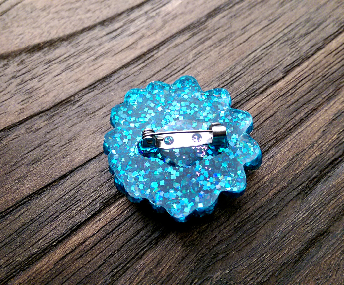 Resin Flower Brooch Stainless Steel Pin Blue Pink Glitter Mix - Silver and Resin Designs