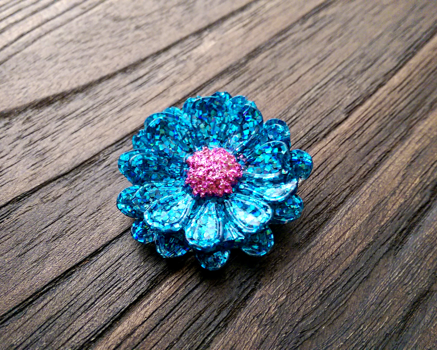 Resin Flower Brooch Stainless Steel Pin Blue Pink Glitter Mix - Silver and Resin Designs