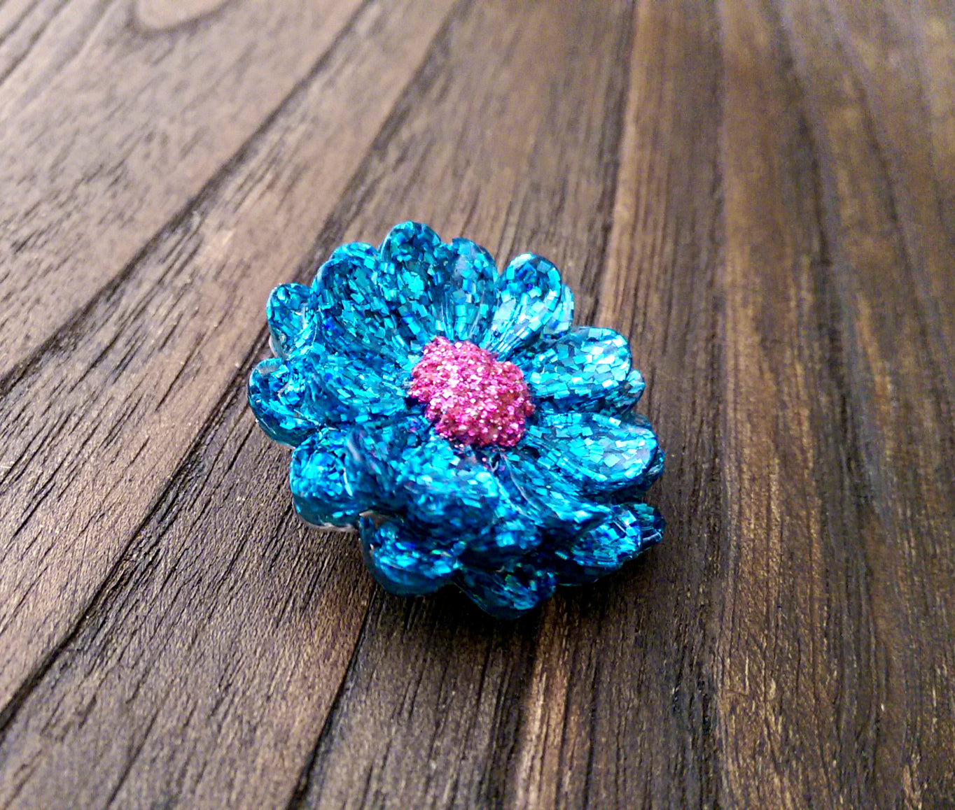 Resin Flower Brooch Stainless Steel Pin Blue Pink Glitter Mix - Silver and Resin Designs