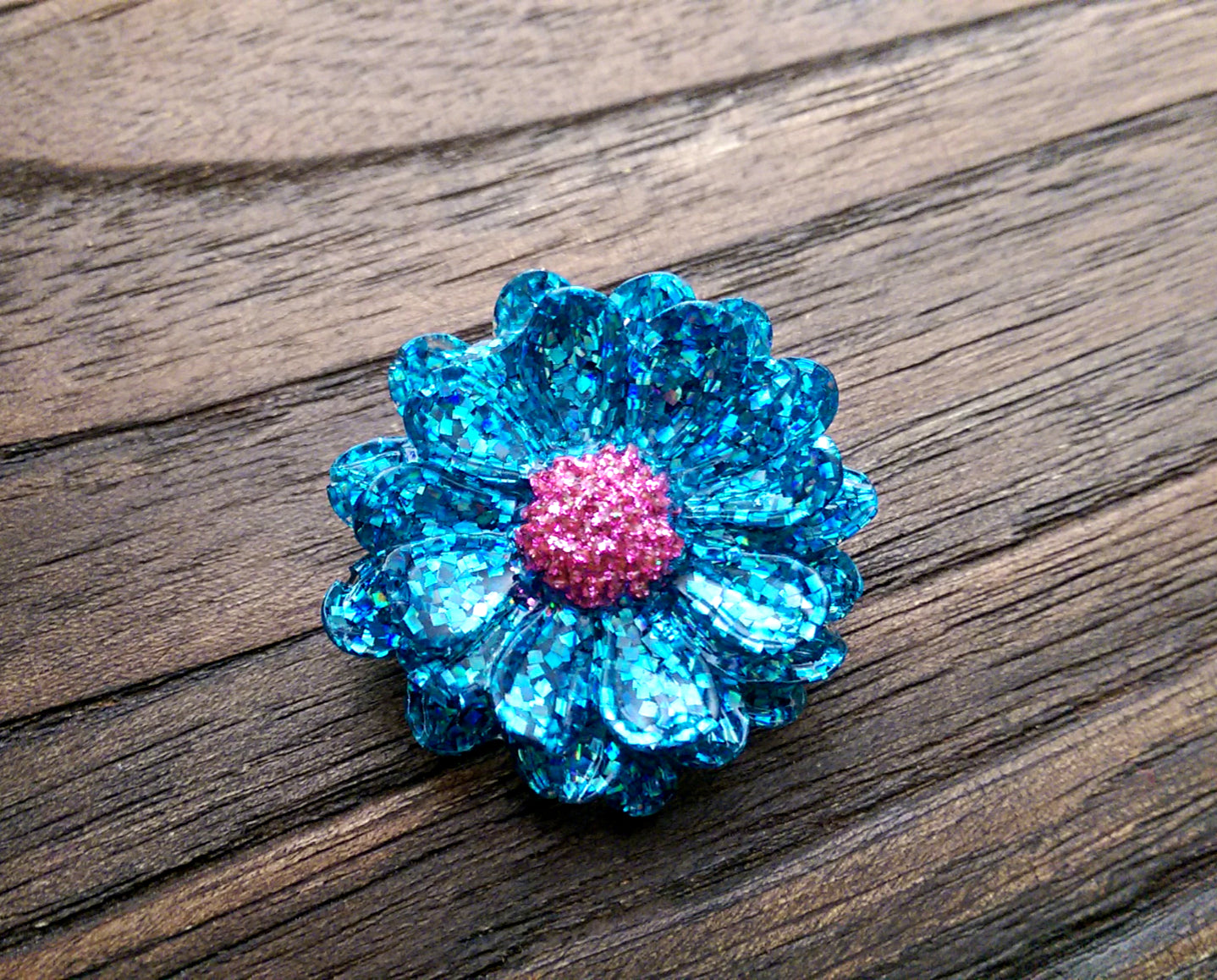 Resin Flower Brooch Stainless Steel Pin Blue Pink Glitter Mix - Silver and Resin Designs