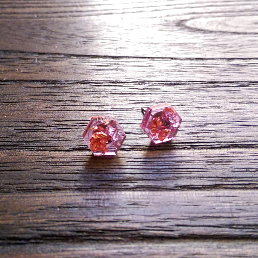 Hexagon Resin Stud Earrings, Pink Rose Gold Silver Leaf Earrings. Stainless Steel Stud Earrings. 10mm - Silver and Resin Designs