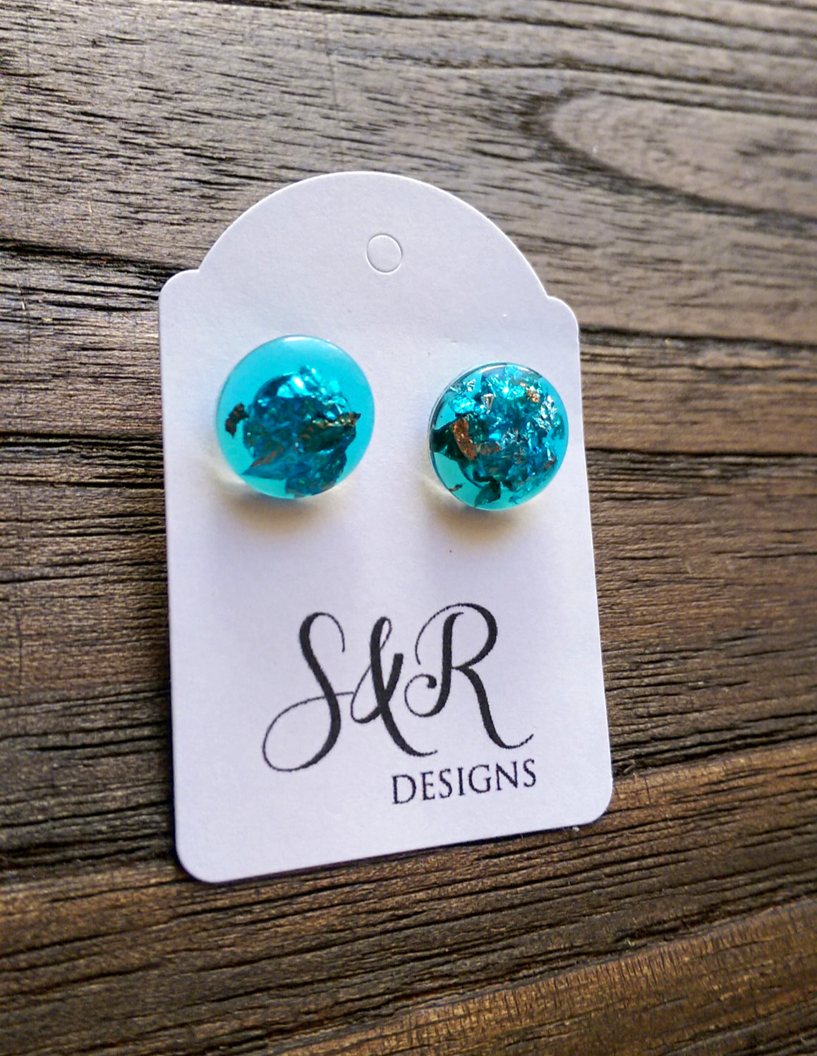 Brilliant Blue Silver Mix Leaf Circle Resin Stud Earrings, Stainless Steel Stud Earrings. 12mm - Silver and Resin Designs