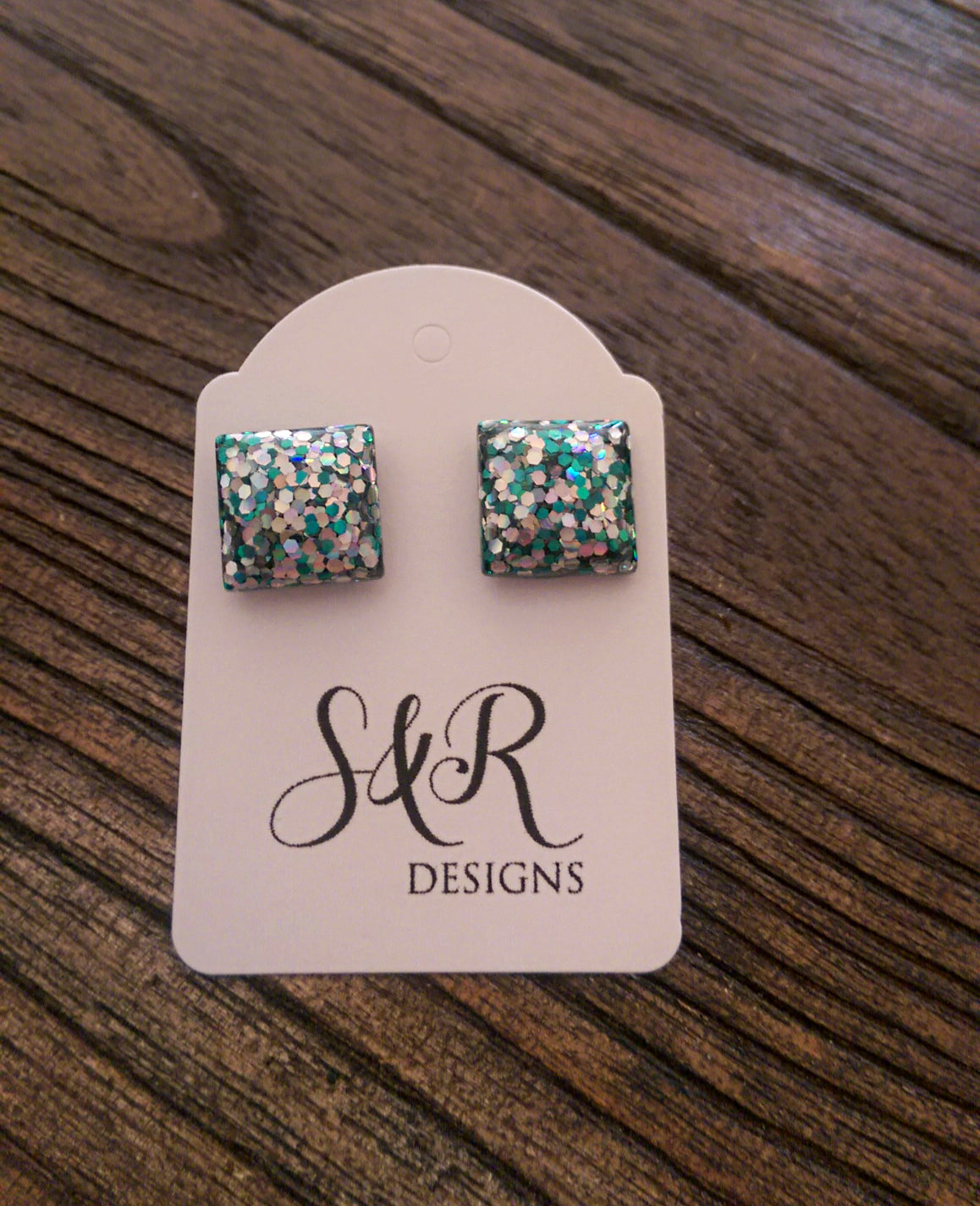 Holographic Silver Green Glitter Square Resin Stud Earrings, Stainless Steel Stud Earrings. 12mm - Silver and Resin Designs