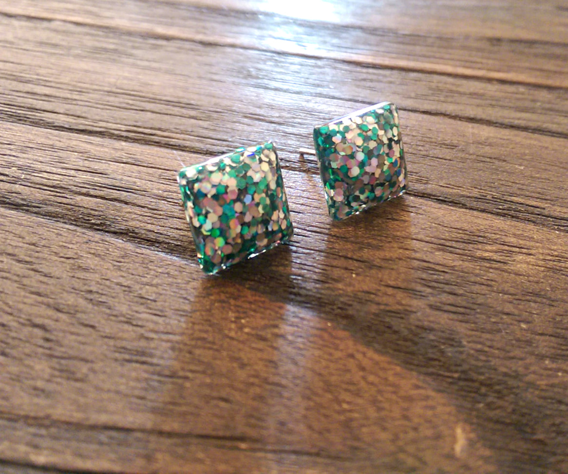 Holographic Silver Green Glitter Square Resin Stud Earrings, Stainless Steel Stud Earrings. 12mm - Silver and Resin Designs
