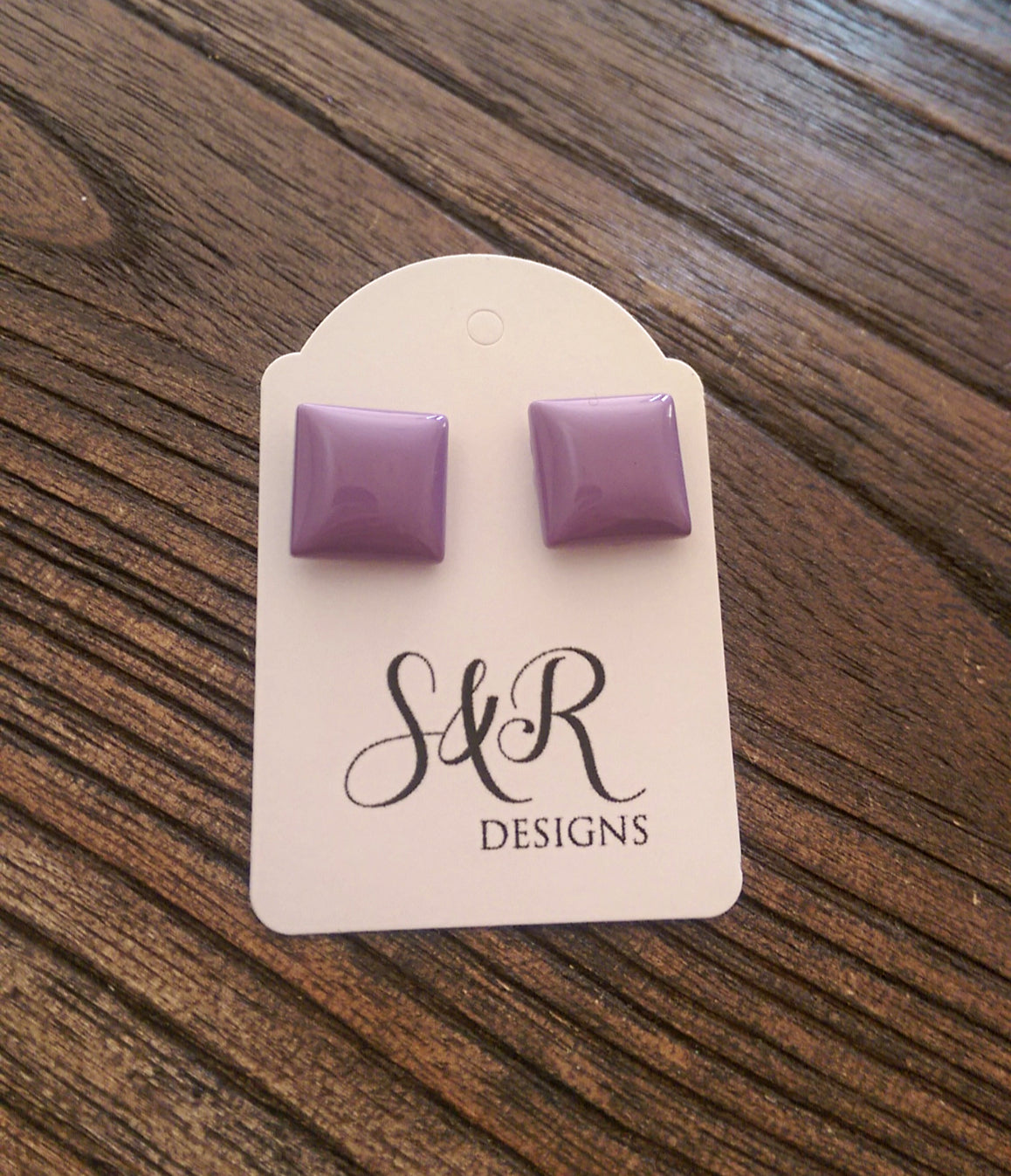 Lilac Square Resin Stud Earrings, Stainless Steel Stud Earrings. 12mm - Silver and Resin Designs