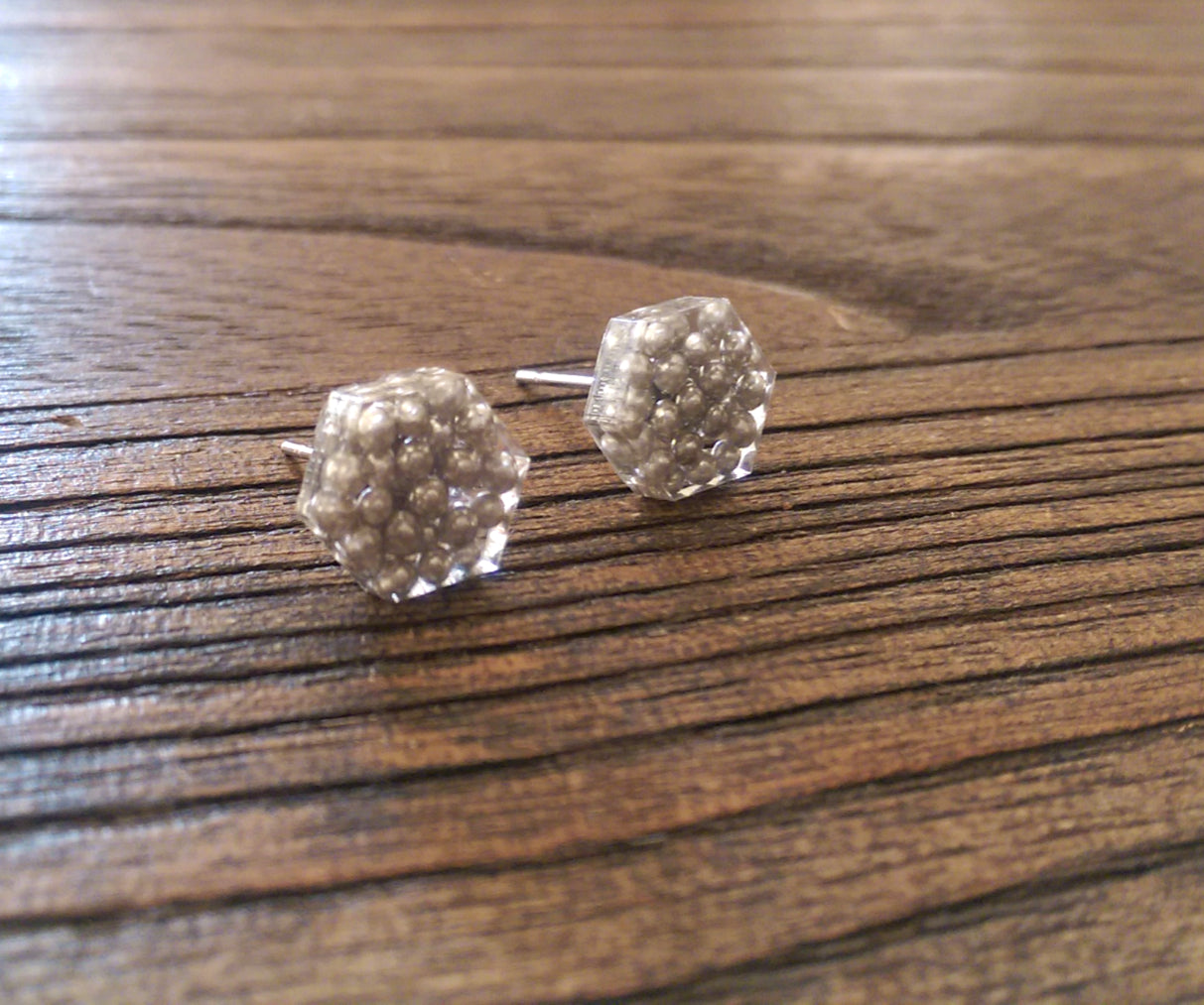 Hexagon Resin Stud Earrings, Silver Earrings. Stainless Steel Stud Earrings. 10mm - Silver and Resin Designs